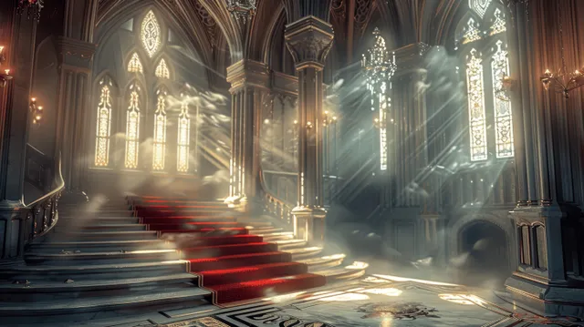 Fantasy gothic castle hall interior with marble floor, red carpet stairs, and glowing stained glass windows.