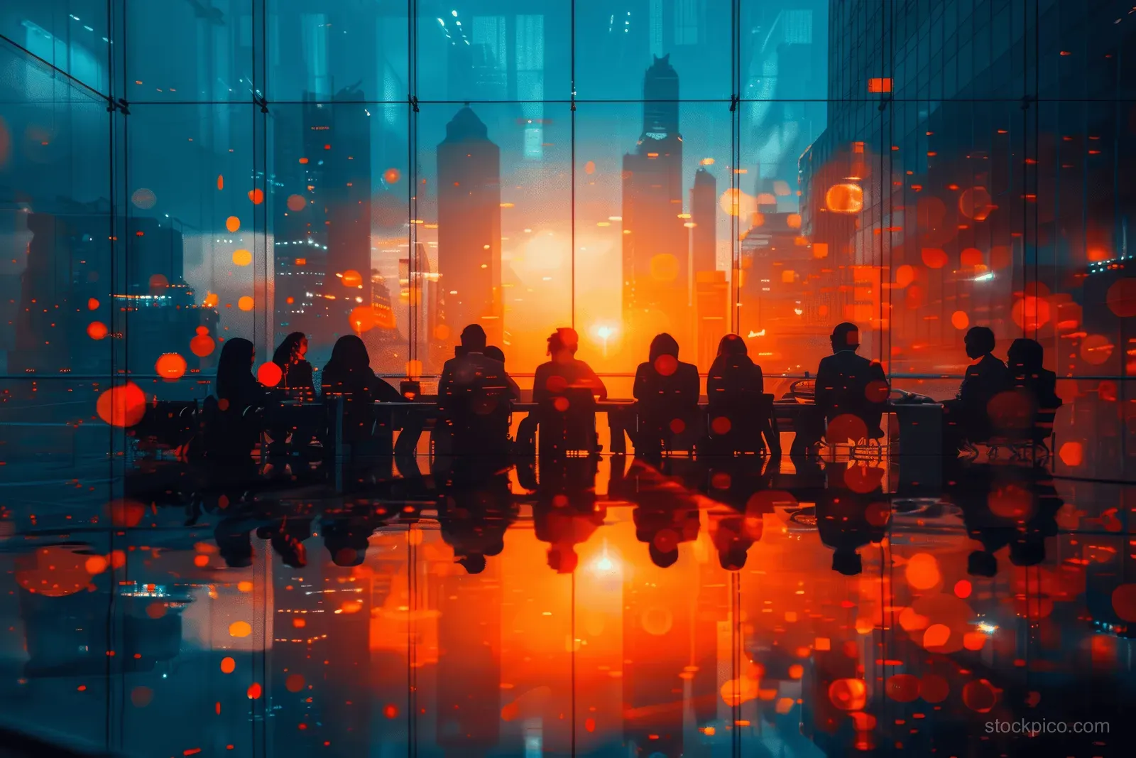 Silhouetted team sits around a conference table as sunset city skyline and bokeh lights reflect on glass walls.