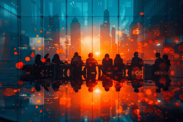 Business conference meeting with city skyline at sunset, silhouetted team around glowing glass table