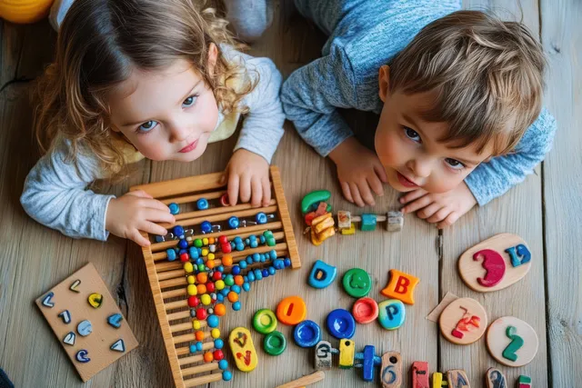 Two preschool children lying on a wooden floor playing with a colorful abacus and alphabet blocks.