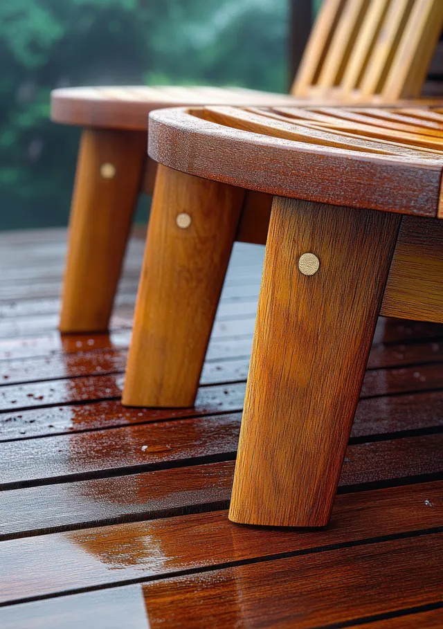 Wooden chair legs stand on wet deck planks, showing water droplets, wood grain, and reflected light.
