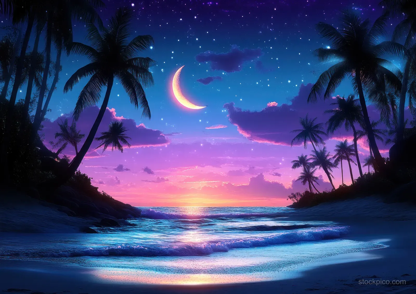 Silhouetted palm trees frame a tropical beach under a crescent moon and purple twilight sky.