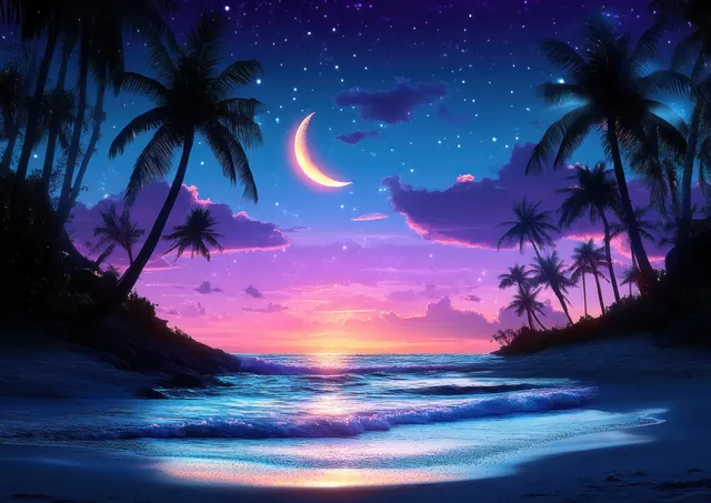 Tropical beach at twilight with crescent moon, glowing waves, and silhouetted palm trees