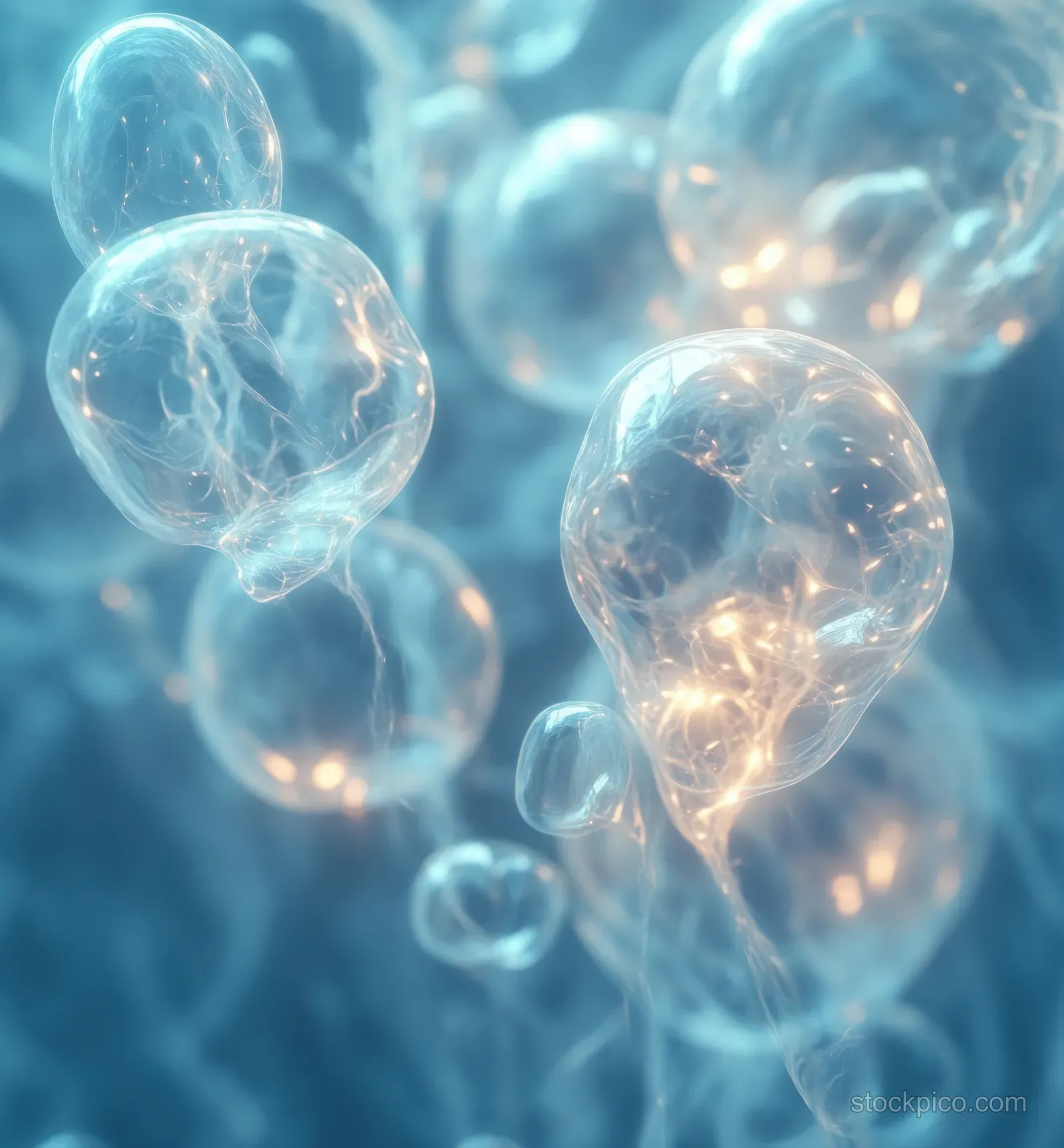 Translucent serum oil droplets float above a glowing skin-cell network in a blue scientific illustration.
