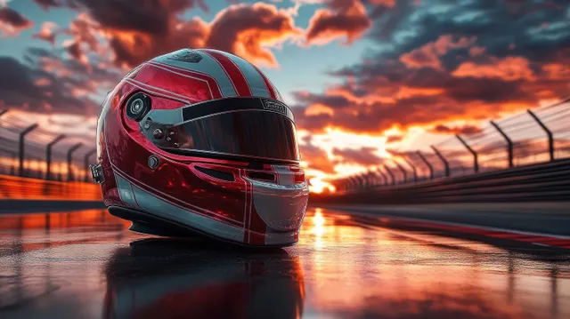 Red and white racing helmet rests on a wet racetrack as sunset clouds glow and reflections shimmer on asphalt.
