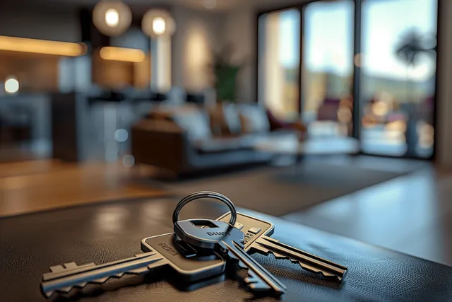 Apartment keys on kitchen counter beside open-plan living room window glow