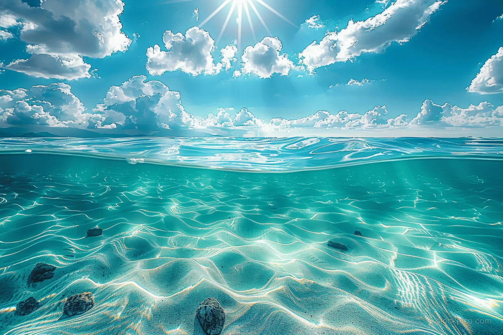 Sunlight sparkles across clear turquoise water above a sandy seabed with scattered rocks.