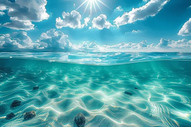Sunlit Tropical Shoreline with Clear Turquoise Water and Sandy Bottom