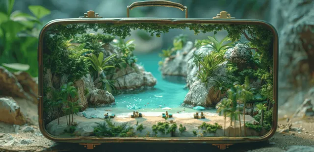 Open travel suitcase with a miniature tropical beach scene, turquoise water, and palm trees inside.