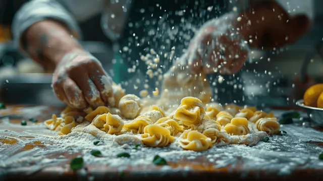 Hands shape Polish pierogi on a floured table as dough pieces scatter with flour.