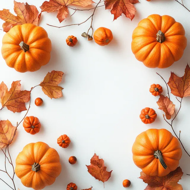 Orange pumpkins and dried leaves arranged in a circle on a white background in an overhead flat lay.