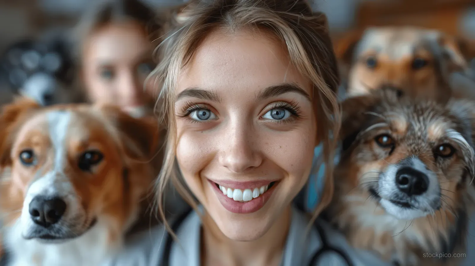 A smiling veterinarian poses for a selfie while dogs look toward the camera in a clinic room.