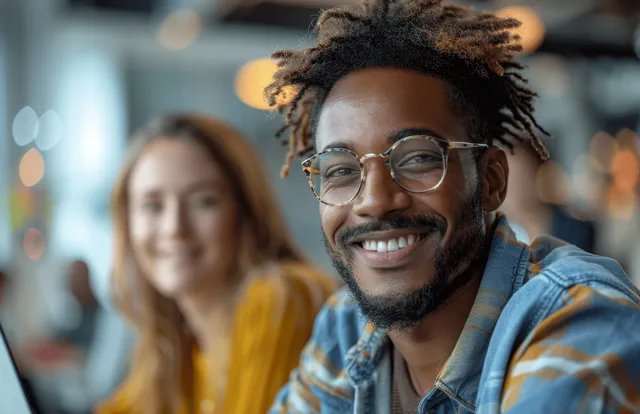Diverse professionals collaborate at a computer in a modern office, smiling as they review work for a team project.