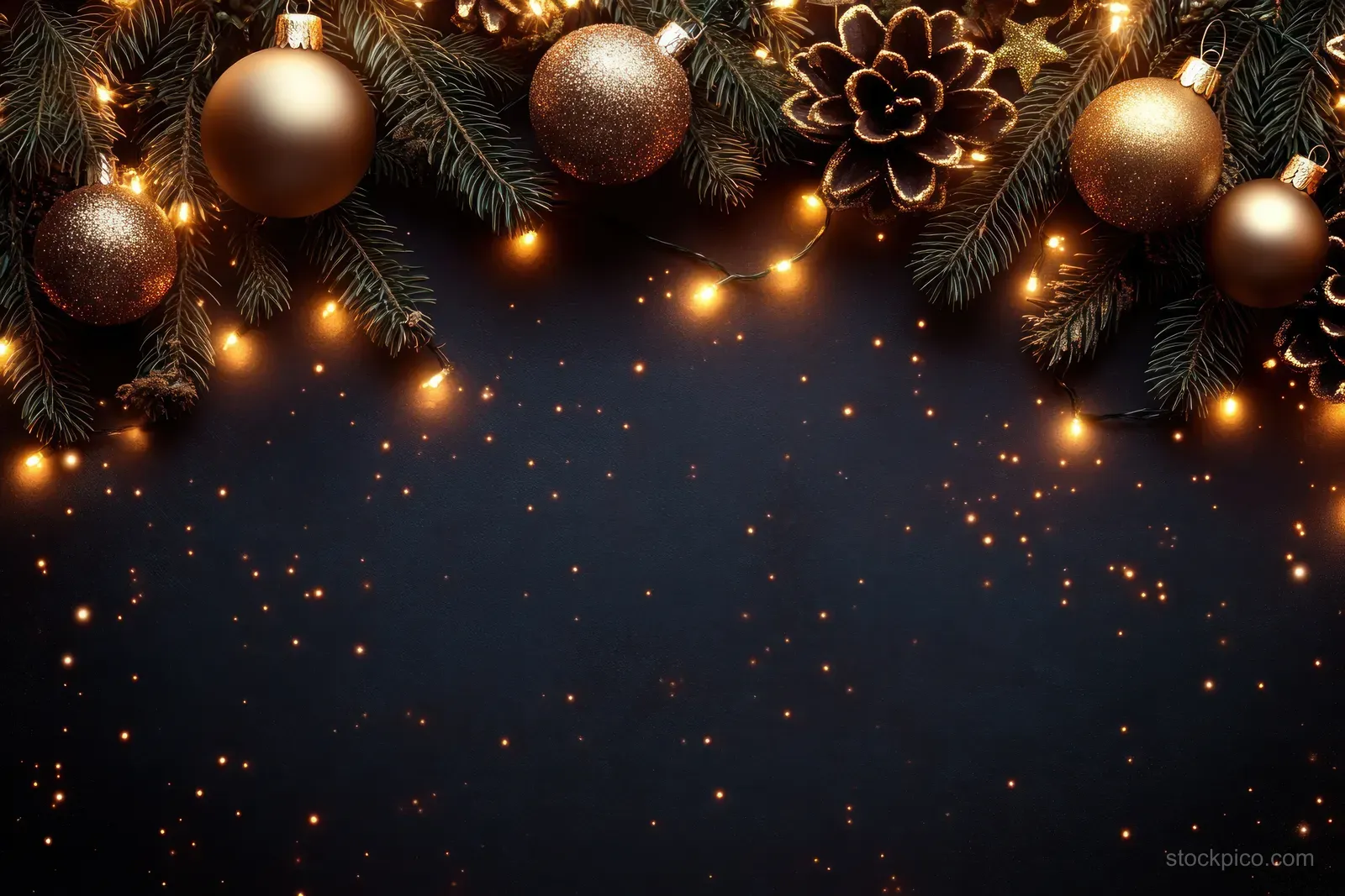 Fir branches with warm glowing lights and gold Christmas ornaments form a festive border on a dark background.