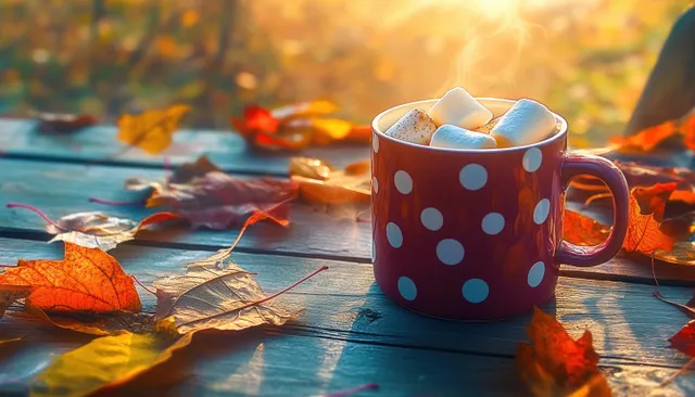 Polka dot cocoa mug with marshmallows on a blue table surrounded by fallen autumn leaves in warm sunlight.