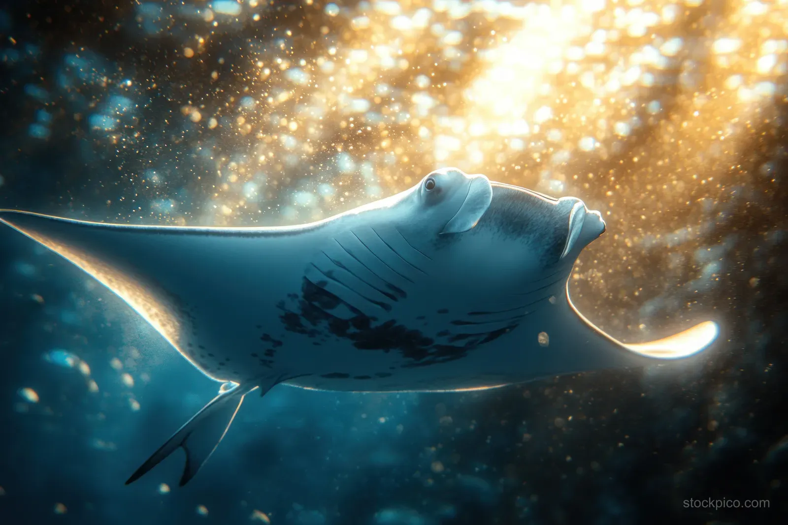 A manta ray swims underwater in blue light while small fish scatter around it.