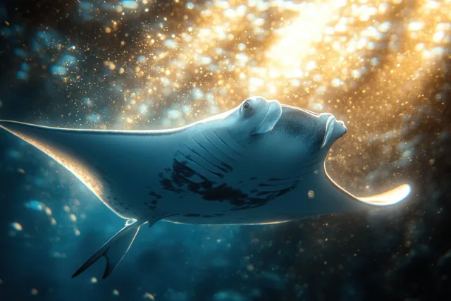 Manta ray swimming through blue water while chasing small fish near sunlit haze