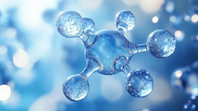 Translucent blue molecular model with spherical atoms connected by tubular bonds floating on a soft glowing blue background.