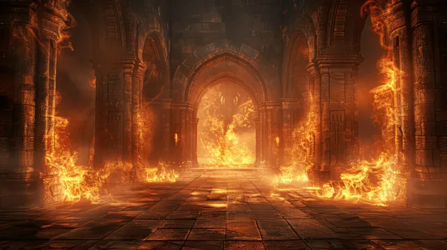 Dramatic view of an ancient castle hall with towering stone arches and flickering torches illuminating dark corridors.