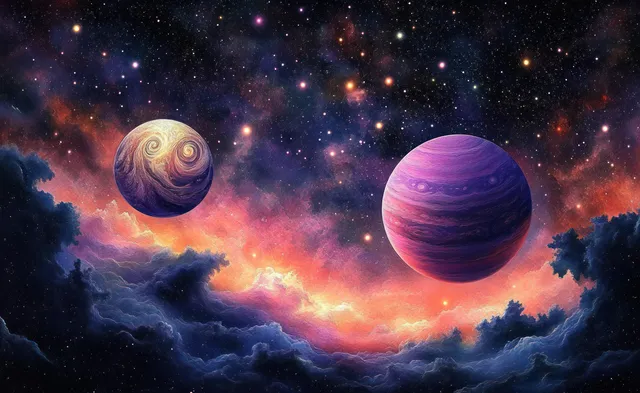 Two glowing planets float in a colorful nebula sky filled with stars and swirling clouds.