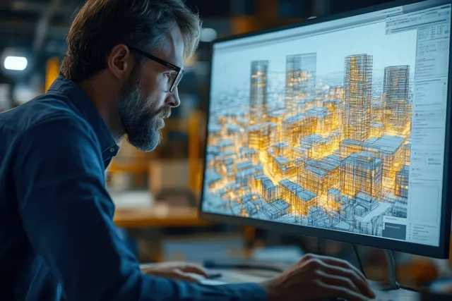 A man with glasses designs an illuminated 3D cityscape with architectural wireframes on computer monitors in his office.