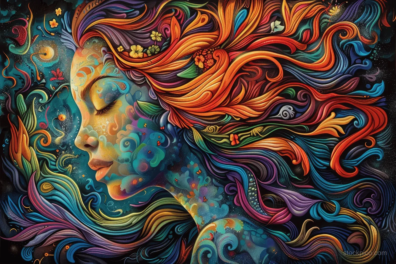 Psychedelic woman meditating with floral hair in vibrant leaves and swirling sunlight patterns.