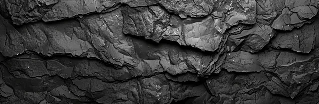 Panoramic view of a cracked black rock cliff wall with rough dark stone and deep fissures.