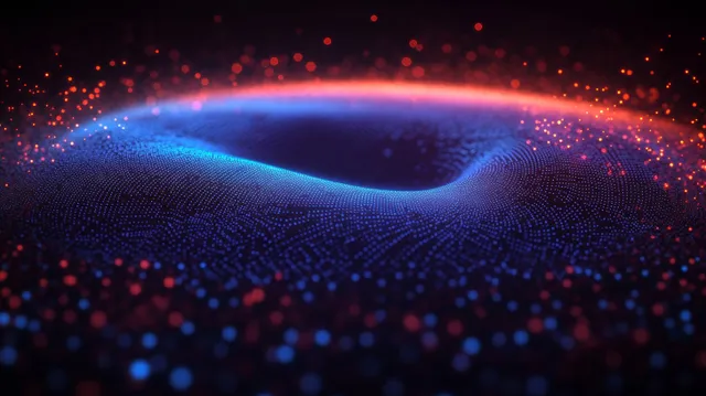 A glowing blue wave network of dots and lines spreads across a dark digital background.