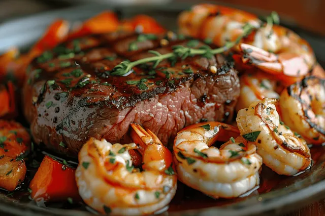 A platter of seared steak and grilled shrimp sits over colorful vegetables and herbs.