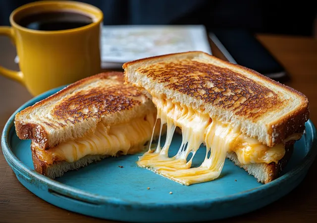 Toasted grilled cheese halves with melted cheese pull on a blue plate next to a cup of black coffee.