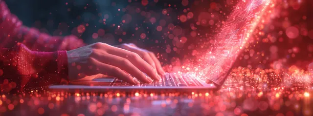 Hands typing on glowing laptop keyboard over red cyber network data stream