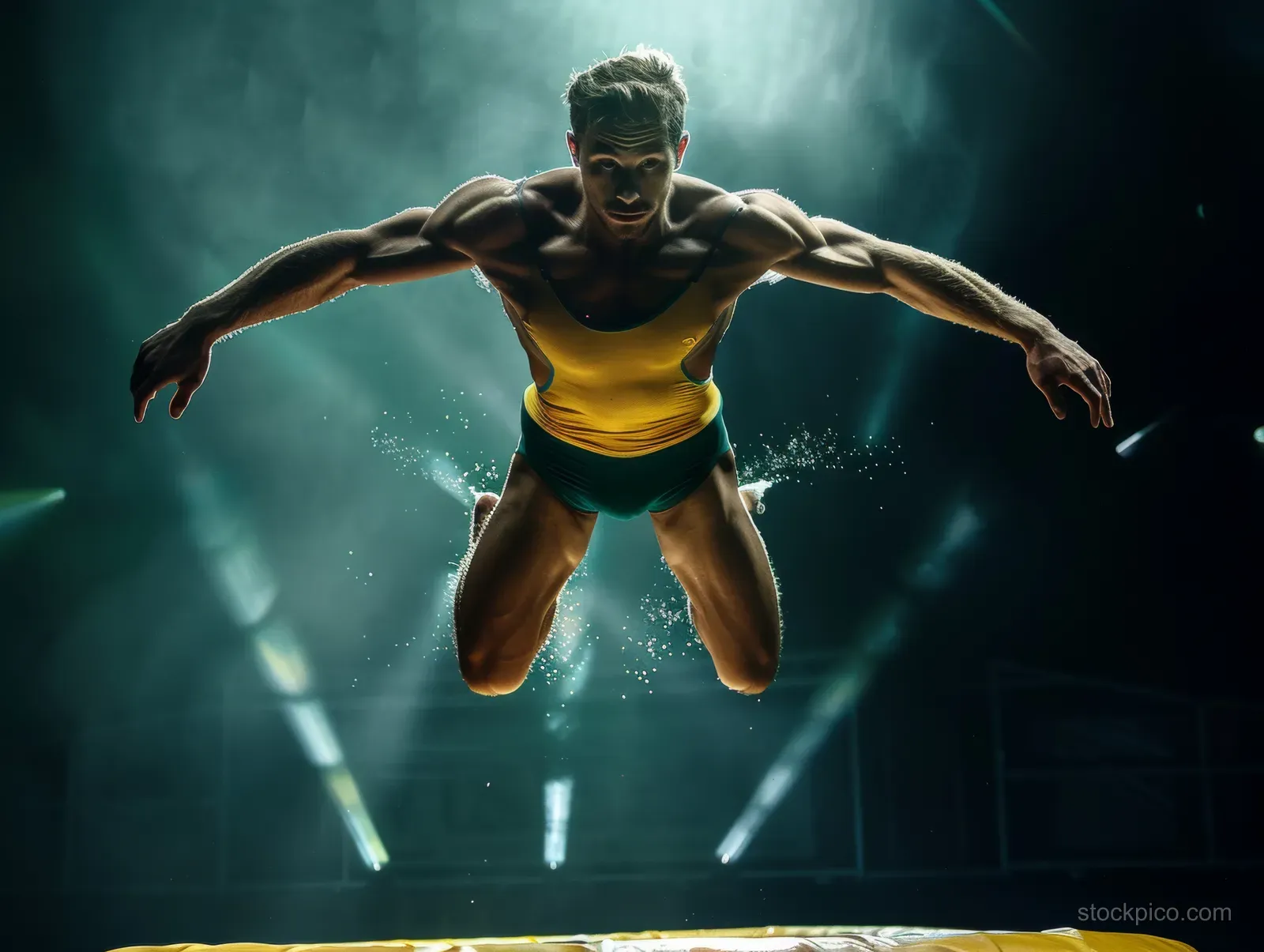 Australian gymnast in a yellow uniform lands on a trampoline under dramatic light beams in a dark arena.