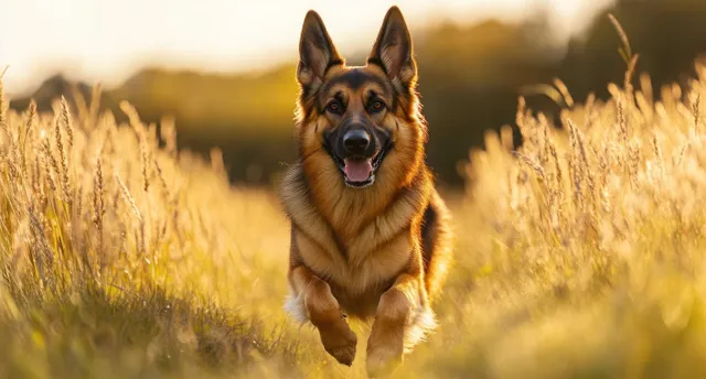 A happy German shepherd runs toward the camera through tall golden grass in sunset sunlight.