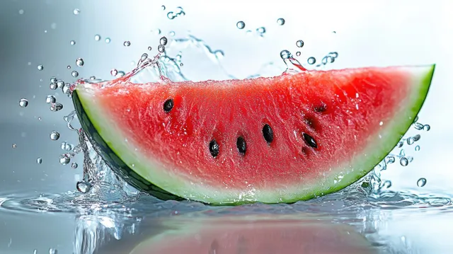Watermelon slice with visible seeds splashes into clear water, sending droplets and ripples across the surface.