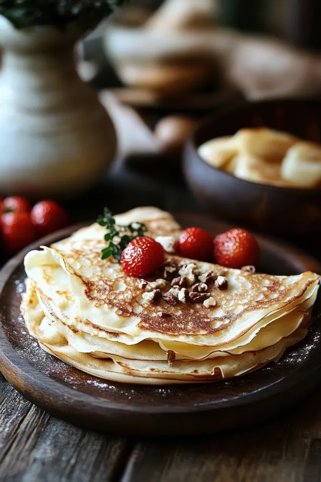 Stack of crepes topped with strawberries and chocolate on a dark wooden table with cocoa crumbs.