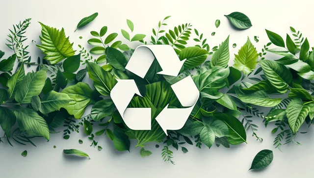 White recycling symbol centered among scattered green leaves on a light background.