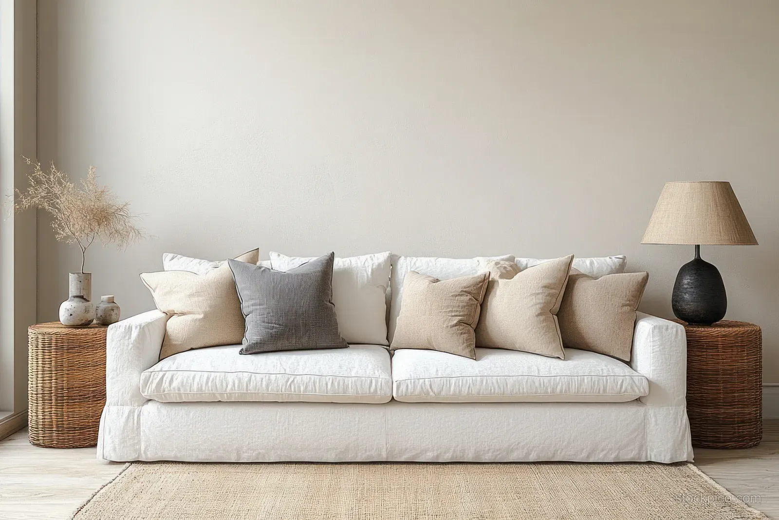 White Scandinavian sofa with textured cushions in a minimalist living room beside a glowing table lamp.