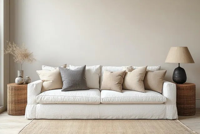 White Scandinavian sofa with textured cushions in a minimalist living room beside a glowing table lamp.