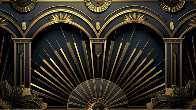 Black and gold art deco arch backdrop with radiant fan rays, pillars, and geometric ornament lines.