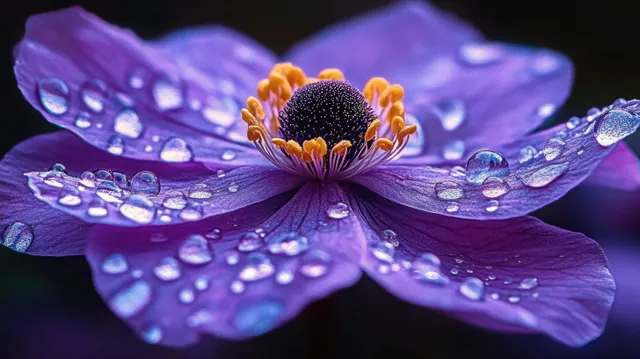 Purple flower macro close-up with yellow stamens, sparkling water droplets on petals after rain