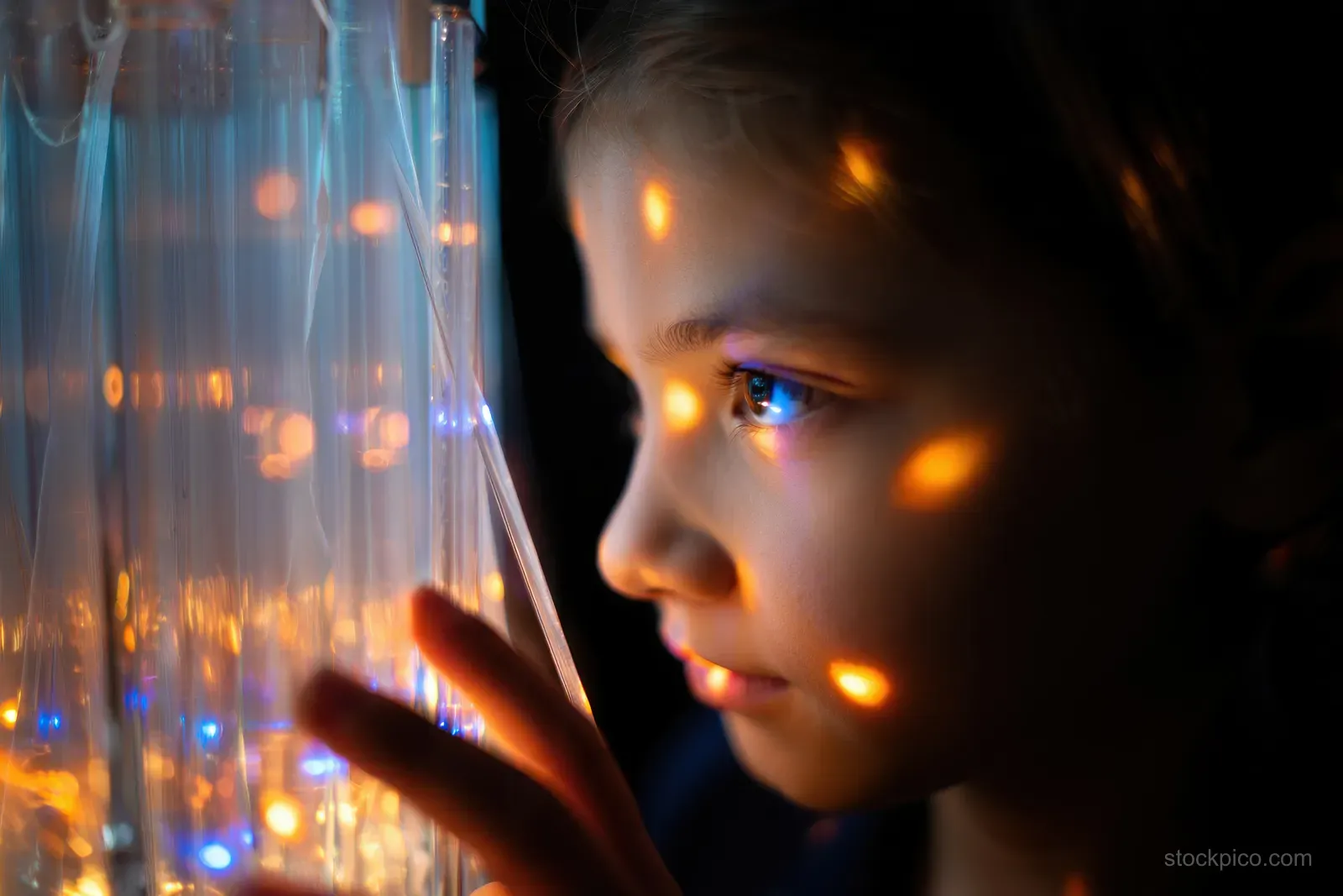 A child gazes thoughtfully at glowing transparent tubes, with colorful light reflections on their face in a dark room.
