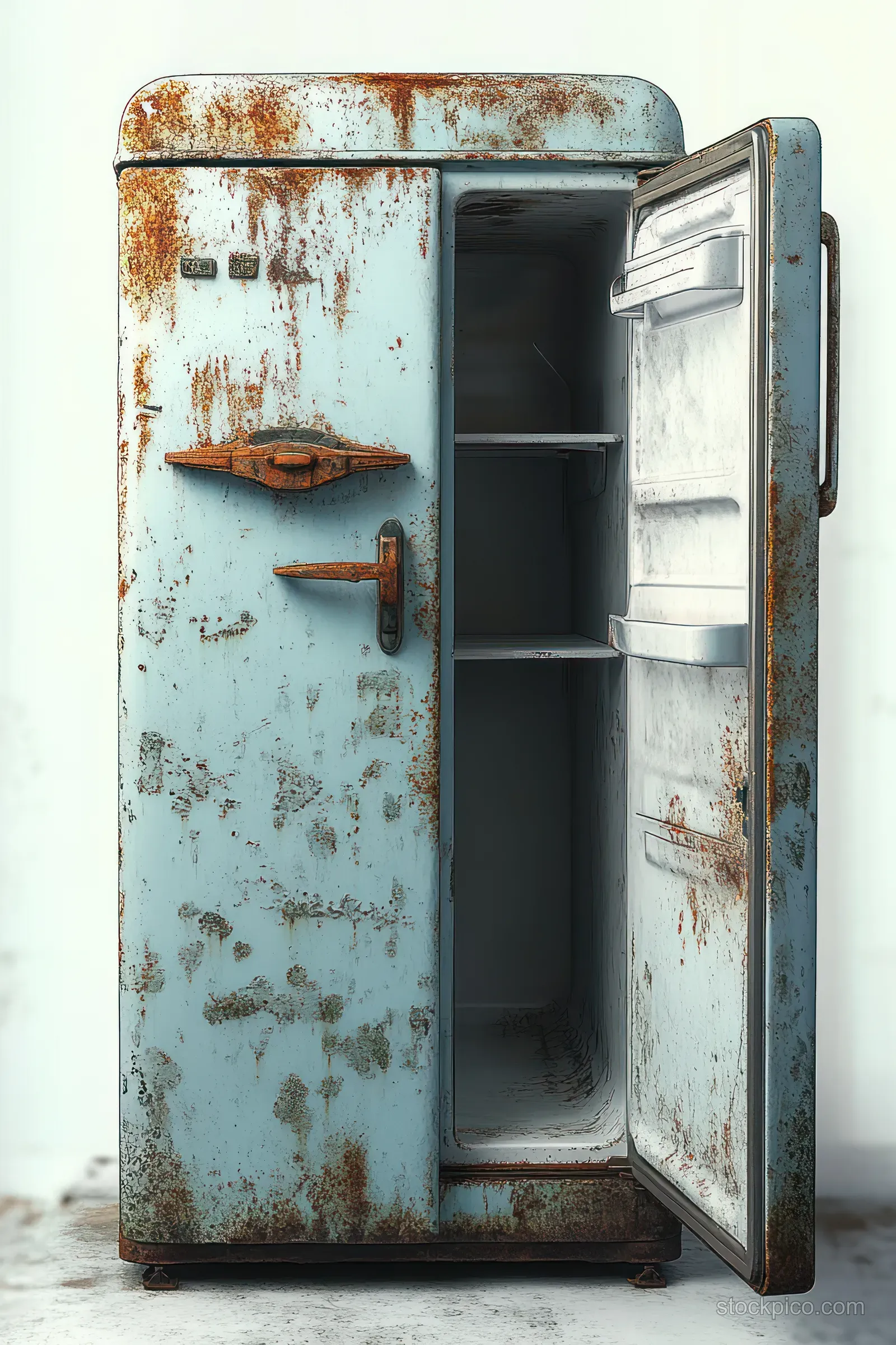 Rusted light blue refrigerator door is open, showing empty shelves inside against a white background.
