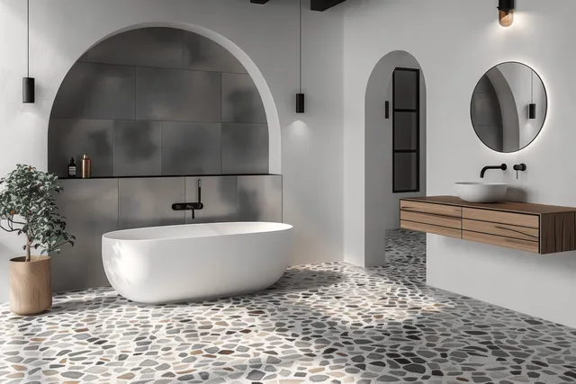 Modern bathroom with a freestanding white tub, floating wooden vanity, round mirrors, and terrazzo stone floor.