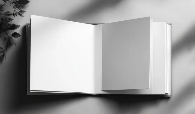 Open minimalist folder mockup with blank pages and business card on gray background