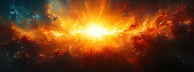 Golden sunburst light rays and glowing center flare spread across a dark cosmic cloud background.