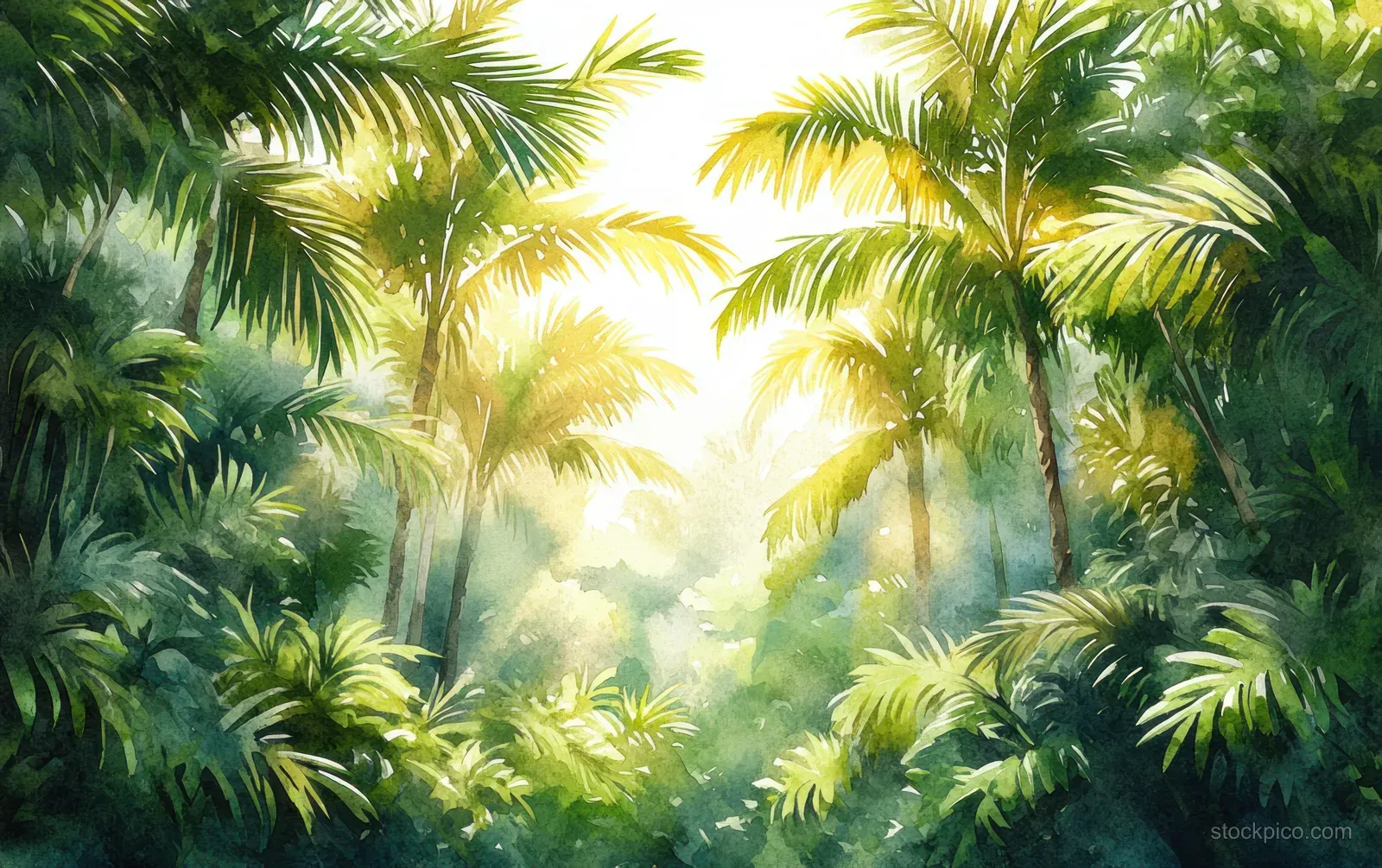 Watercolor tropical jungle with tall palm trees, dense green foliage, and sunbeams over a misty background.