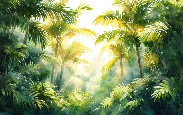 Watercolor tropical jungle with tall palm trees, dense green foliage, and sunbeams over a misty background.