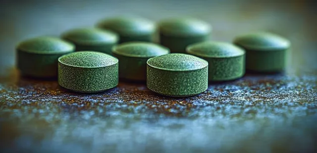 Several green round tablets are arranged on a textured surface with a soft blurred background.