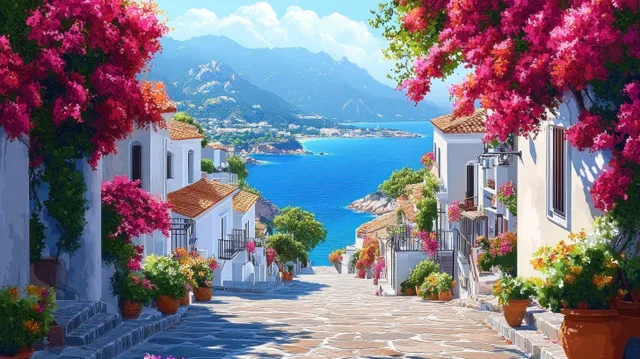 A sunny coastal village street features white houses and colorful flowers, leading to a blue sea and distant mountains.