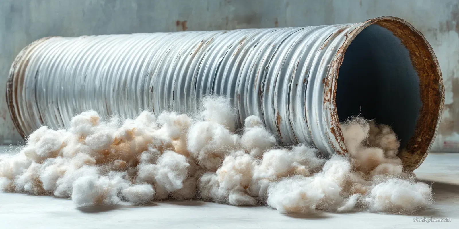A corrugated flexible metal duct pipe sits on a surface with white insulation fibers spilling from its open end.